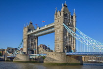 England, London, Tower Bridge viewed from the south bank of the River Thames.