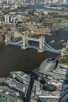 England, London, Tower Bridge and the River Thames seen from the viewing deck on the Shard known as the View from the Shard.