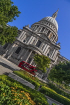 England, London, View of St Paul's Cathedral from Carter Lane Gardens with iconic red London bus passing by.