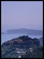 France, Alpes-Maritimes, Eze, Hilltop town and coastline beyond.