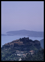 France, Alpes-Maritimes, Eze, Hilltop town and coastline beyond.