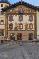 Germany, Bavaria, Berchtesgaden, Market Square with  the Deer House also known as the Hirschenhaus built in 1594 by Georg Labermair and adorned with Luftlmalerei featuring Maximilian Henry of Bavaria.