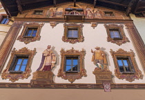 Germany, Bavaria, Berchtesgaden, Detail of the Deer House also known as the Hirschenhaus built in Market Square 1594 by Georg Labermair and adorned with Luftlmalerei featuring Maximilian Henry of Bava...