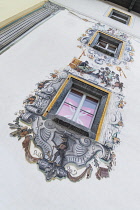 Germany, Bavaria, Berchtesgaden,  The Deer House also known as the Hirschenhaus built in 1594 by Georg Labermair with detail of its rear facade known as the Monkey facade, it's said that when the clie...