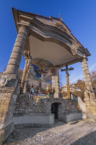 Germany, Bavaria, Berchtesgaden, Giant Calvary scene on the Brine Line Cliff Walk above the town.