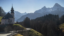 Germany, Bavaria, Maria Gern village near Berchtesgaden,  Pilgrimage Church of Maria Gern., rear view with the Watzmann Mountain in the background.