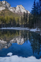 Germany, Bavaria, Berchtesgaden, Berchtesgadener Alps, Mountains reflected in Lake Hintersee.