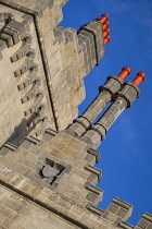 Ireland, County Galway, Connemara, Kylemore Abbey after extensive renovation in 2019, Detail of roofscape and chimney pots.