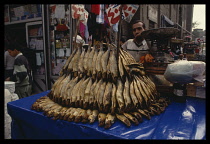 Egypt, Cairo, Display of dried fish for sale at the market.