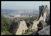 France, Normandy, Seine-Maritime, Rouen, View towards Rouen docks and the River Seine from ruins of Robert the Devils Castle.