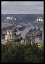 France, Normandy, Eure, Les Andelys, View over the River Seine and Chateau Gaillard.