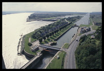 France, River Seine, View along the River with Tancarville Canal running alongside leading to Le Harvre.