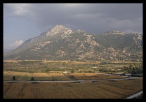 Greece, North, Agriculture, fields of maize and limestone hills behind.