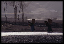 China, Xiahe, Tibetan water carriers on path at dawn.