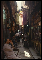 Egypt, Cairo, Busy passageway in the Khan el Khalili market.