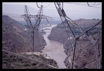 Cina, Liujiaxa, Hydro Electric Power station with electricity pylons.