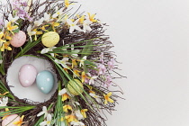 Festivals, Religious, Easter, Floral wreath decorated with colourful eggs.