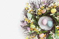 Festivals, Religious, Easter, Floral wreath decorated with colourful eggs.