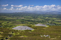 Ireland, County Sligo, Castlebaldwin, Carrowkeel Megalithic Cemetery, View from the summit over two of the cairns..