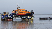 England, Kent, Dungeness, RNLI land crew bringing in the lifeboat.