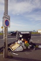 England, East Sussex, Hove, Overflowing bins during refuse collectors strike.