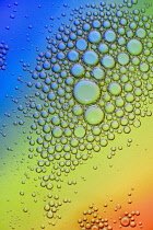 Ireland, County Sligo, Carney,  Bubbles on colourful background produced by mixing vegetable cooking oil with water and photographing the results with a close up lens.
