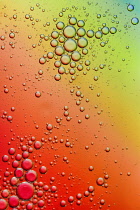 Ireland, County Sligo, Carney,  Bubbles on colourful background produced by mixing vegetable cooking oil with water and photographing the results with a close up lens.