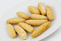 Food, Snacks, Italian Grissini sesame mini bread sticks.