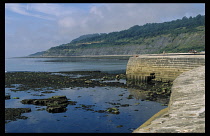 England, Dorset, Lyme Regis, People on the cob with fossil cliff behind.