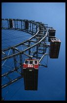 Austria, Vienna, The Prater, Angled view looking up at a section of the Riesenrad giant Ferris wheel.