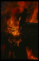 Indonesia, Bali, Ubud, Cremation ritual.  Body and remnants of burning sarcophagus  tradition believes that the body returns to earthly elements and its soul is released in the sparks.