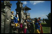 Indonesia, Bali, Cremation, Gamelan musicians taking part in cremation procession leaving Besakih Temple known as the Mother Temple of Bali on Mount Agung.