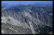 Slovakia, Carpathian Mts., Tatras Mountains, The High Tatras.  Jagged peaks and eroded gullys of mountain landscape.