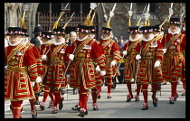 England, London, The Tower Of London, Yeomen of The Guard in procession.