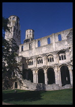 France, Normandy, Seine Maritime, Jumieges Abbey, Exterior of 11th century ruins.