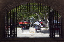 Spain, Balearic Islands, Majorca, Palma de Mallorca, Iron gates arches under the Royal Palace of La Almudaina.