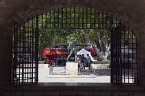 Spain, Balearic Islands, Majorca, Palma de Mallorca, Iron gates arches under the Royal Palace of La Almudaina.