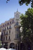 Spain, Balearic Islands, Majorca, Palma de Mallorca, Exterior of the former Gran Hotel designed by Lluís Domènech i Montaner, now a cultural centre Fundación la Caixa and is an example of Catalan M...