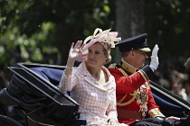 England, London, Queens Platinum Jubilee celebrations on the Mall, 02/06/2022, Duke and Duchess of Wessex, waving to crowd from an open top carriage.