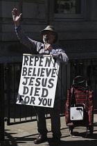 England, London, Religious protestor outside Downing Street.