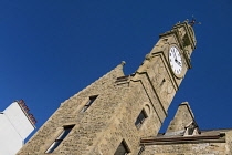 Ireland, County Donegal, Ballyshannon, The Town Clock, Perched at the top of a Scottish style baronial building built in 1878, the tall two-storey clock and bell tower with crow-stepped gables was bui...