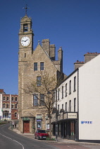 Ireland, County Donegal, Ballyshannon, The Town Clock, Perched at the top of a Scottish style baronial building built in 1878, the tall two-storey clock and bell tower with crow-stepped gables was bui...