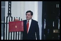 England, Politics, Gordon Brown, Labour Chancellor of the Exchequer with his red brief case on Budget Day.