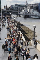 England, London, Mourners queueing along the banks of the river Thames to see the coffin of Queen Elizabeth II laying state in Westminster Hall.