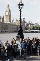 England, London, Mourners queueing along the banks of the river Thames to see the coffin of Queen Elizabeth II laying state in Westminster Hall.