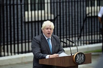 England, London, Boris Johnson at Podium outside number 10 Downing Street during his resignation speech.