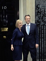 England, London, Liz Truss and her husband Hugh O'Leary on the steps of number 10 Downing Street on her first day as Primte Minister 06-09-2022.