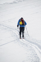 Norway, Backcountry skier climbing a mountain near Hemsedal.
