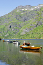 Norway, Lufoten islands, Rowing boats on Ågvatnet lake close to the village of Å.