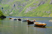 Norway, Lufoten islands, Rowing boats on Ågvatnet lake close to the village of Å.